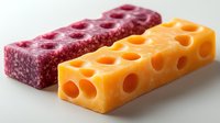 Two colorful cheese blocks with holes on white background, red and yellow dairy products isolated for culinary design and food packaging concepts.