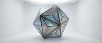 Iridescent geometric polyhedron with holographic surface reflecting rainbow colors in minimalist white studio space for modern design projects.