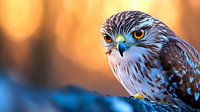 Small owl with bright orange eyes perched on branch during golden hour sunset, wildlife bird photography with warm bokeh background for nature projects.