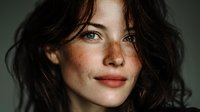 Young brunette woman with freckles and natural makeup smiling softly at camera. Portrait photography with warm lighting for lifestyle and beauty content.