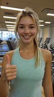 Young athletic woman showing thumbs up at gym, wearing mint tank top with messy ponytail hairstyle, expressing positivity and success during workout session.
