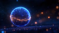 Glowing blue sphere with orange energy crack floating in dark space. Magical orb emits particles and light beams against starry background with bokeh effects.