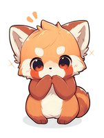 Cute cartoon red panda with big eyes and paws pressed together in pleading gesture, illustrated in kawaii anime style on white background.