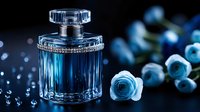 Luxury blue perfume bottle with crystal cap and fresh roses on dark background with water droplets for cosmetic advertising and fragrance marketing.