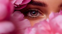 Close-up of brown eye with long eyelashes framed by pink rose petals creating romantic soft focus composition. Artistic beauty and cosmetic photography concept.