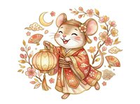 Cute mouse character wearing traditional red and gold kimono holding lantern, surrounded by cherry blossoms, autumn leaves, and crescent moon on white background. Isolated clipart for design projects.