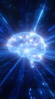 Glowing digital brain with neural connections on dark background with radiating blue light beams, representing artificial intelligence and cognitive technology.