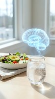 Holographic brain floating above glass of water with fresh salad on wooden table representing cognitive health and nutrition benefits for mental wellness.