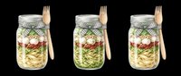 Watercolor pasta salad jars with wooden forks, isolated on transparent background, ready for stickers, print on demand, sublimation, and t-shirt design use.