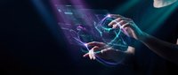 Hands manipulating holographic digital interface with glowing data visualization and futuristic technology elements for business analytics and innovation.