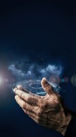 Human hand holding glowing holographic solar system with planets orbiting above palm against starry night sky background for technology concepts.