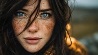Young woman with freckles and blue eyes in golden hour light. Natural beauty portrait with warm sunlight and flowing brown hair for lifestyle content.