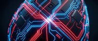 Glowing neon circuit board sphere with red and blue light trails on dark background, futuristic technology concept for digital and cyber designs.