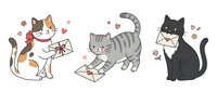 Three adorable cats with love letters and envelopes surrounded by hearts and flowers for Valentine's Day greeting cards and romantic designs.