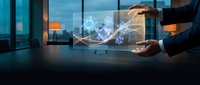 Business professional hands creating digital network connection with glowing data streams in modern office environment for technology presentations.