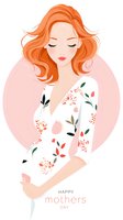 Gentle illustration of expecting mother with flowing ginger hair wearing floral dress against pink circle background. Mothers day greeting card design.
