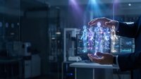 Business professional holding holographic network of connected people in hands showcasing digital teamwork and corporate communication technology.