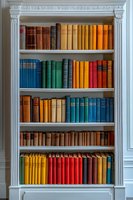 Colorful vintage hardcover books arranged by color on white wooden bookshelf with ornate molding, creating rainbow spectrum display in classic library setting.