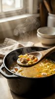 Steaming cast iron pot with creamy soup and pasta, wooden spoon lifting noodles, warm kitchen setting with window light and ceramic bowls.