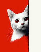 White cat with red eyes peering from behind white divider against vibrant red background, artistic portrait style composition for decorative prints and designs.