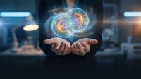 Businessman holding glowing digital brain hologram with neural networks and data connections in modern office environment for AI technology concepts.