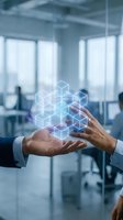 Businessman and businesswoman holding glowing holographic cube network structure in modern office with windows, representing data technology and blockchain innovation.