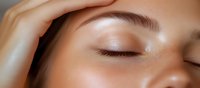 Close up view of closed eyes with natural makeup, groomed eyebrows and glowing skin showing skincare and beauty concept. Suitable for cosmetic advertising.