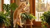 Ginger tabby cat standing on hind legs reaching toward hanging plant near window with potted plants, playful indoor scene with natural sunlight and warm home decor.