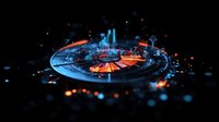 Futuristic circular platform with glowing orange and blue elements against dark background, featuring rising geometric shapes and digital particles. Suitable for tech concepts.