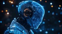 Futuristic astronaut figure with glowing blue particles forming helmet shape against dark background with bokeh lights, space exploration concept.