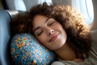 Young mixed race woman with curly hair sleeping peacefully on floral travel pillow during airplane flight, expressing comfort and relaxation while traveling.
