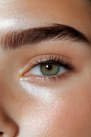 Close-up of green eye with long eyelashes and defined eyebrow against glowing, dewy skin showing natural freckles and luminous complexion. For beauty and cosmetic advertising.