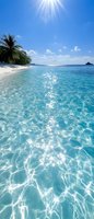 Pristine tropical beach with crystal clear turquoise water, white sandy shore, and palm trees under bright sunlight creating sparkling reflections on calm ocean surface.