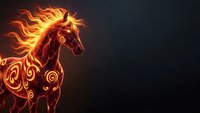 Fiery horse silhouette with ornate swirl patterns and flame mane on dark background for fantasy designs and mystical artwork projects.