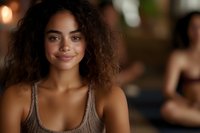 Young mixed-race woman with curly hair smiling warmly in cozy restaurant setting with soft bokeh lighting and blurred diners in background.
