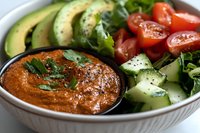 Fresh healthy bowl with creamy hummus, sliced avocado, cherry tomatoes, cucumber and greens for nutritious meal planning and clean eating lifestyle.