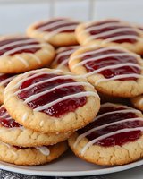 Homemade jam thumbprint cookies with white icing drizzle on plate, perfect for holidays, baking blogs, recipe websites and dessert photography.