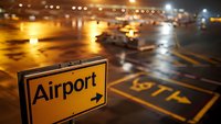 Airport directional sign at night with illuminated parking lot and blurred cars in background, creating atmospheric urban transportation scene.