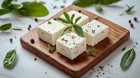 Fresh feta cheese cubes garnished with herbs and spices on wooden serving board, surrounded by green leaves and peppercorns against light background.