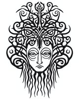 Mystical face with ornate swirling patterns and flowing hair in black and white tribal style on isolated background, suitable for tattoo designs and decorative art.