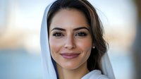 Young Middle Eastern woman with natural makeup and gentle smile wearing white headscarf in soft outdoor lighting for lifestyle and cultural content.