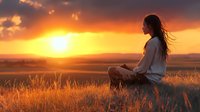 Young woman with long flowing hair meditating in lotus position on grassy hill during golden sunset, silhouetted against dramatic orange sky and sun rays.