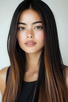 Young Asian woman with long ombre hair, natural makeup, and confident gaze against light background. Professional beauty portrait showcasing modern hairstyle trends.