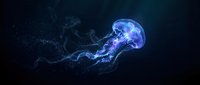 Luminous blue jellyfish floating gracefully through dark ocean depths with glowing tentacles and translucent bell creating ethereal underwater scene.
