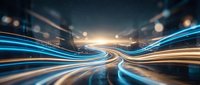 Dynamic light trails creating flowing energy streams through modern urban landscape at night with glowing bokeh effects and motion blur technology concept.