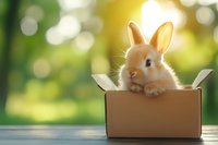 Adorable light brown bunny rabbit with blue eyes sitting in cardboard box against blurred green nature background with golden sunlight and bokeh effect.