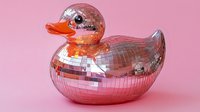 Shiny disco ball rubber duck on pink background, mirror mosaic surface reflects light creating party atmosphere. Decorative bath toy with metallic finish.