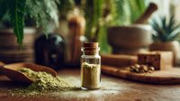 Small glass bottle with cork containing herbal powder on wooden table with blurred herbs, spices, and mortar in background for natural medicine preparation.