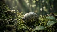 Armadillo foraging in lush green forest floor with sunlight filtering through trees creating natural wildlife habitat scene for environmental conservation content.
