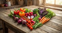 Fresh organic vegetables arranged in heart shape on rustic wooden table in farmhouse kitchen for healthy eating and nutrition concepts.